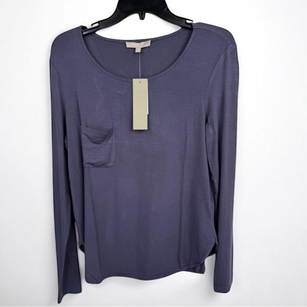 Joan Vass Dark Purple Gray Long Sleeve Top Size M Scoop Neck Shirt Thin Layering